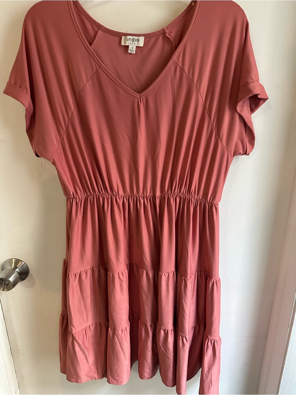Umgee Women’s Medium Dusty Rose Tiered Babydoll Dress V Neck Short Sleeve Boho